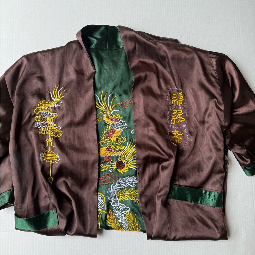 Embroidered Brown and Green Silk Kimono Robe